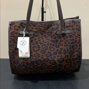 Divina Firenze | Genuine Leather Chocolate Brown Cheetah Print Tote Bag